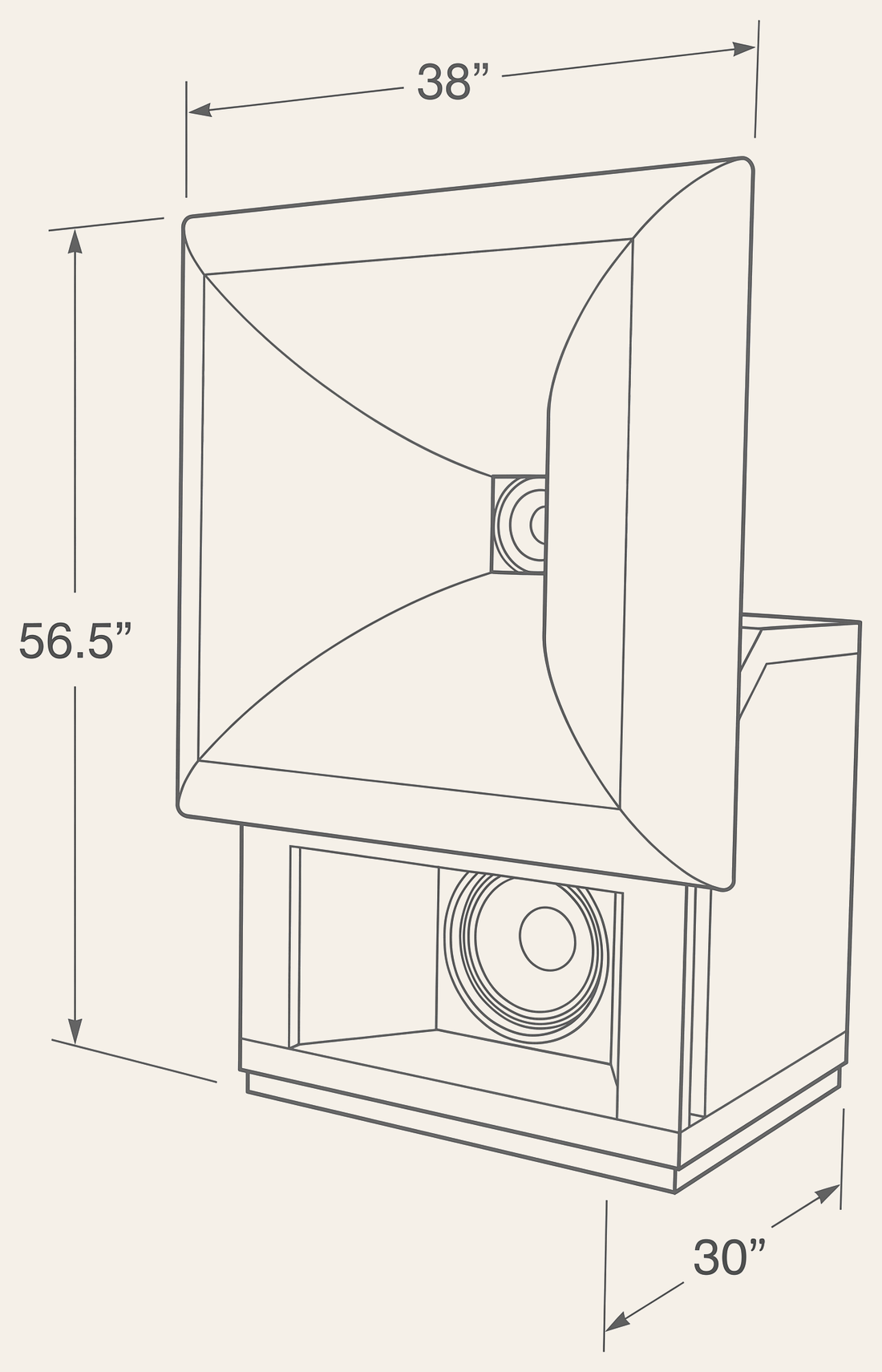 Dimensioned line drawing of the loudspeaker: 38 inches wide, 56.5 inches tall, 30 inches deep.